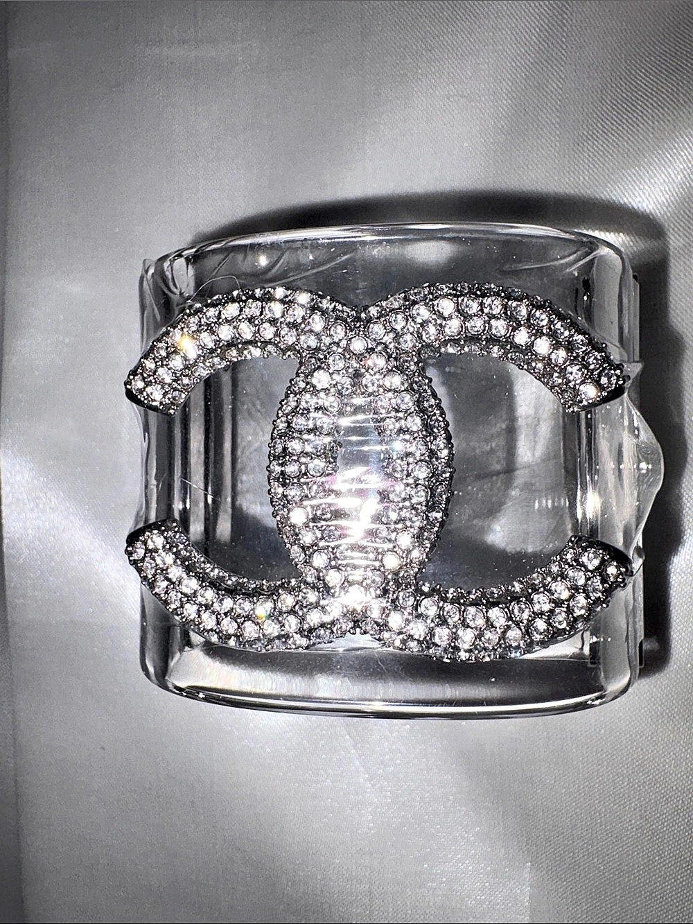 AUTHENTIC NWOT RARE Chanel Clear Resin Crystal CC Hinged Cuff Bracelet